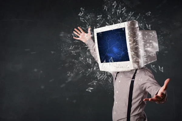 Computer monitor screen exploding on a young persons head — Stock Photo, Image