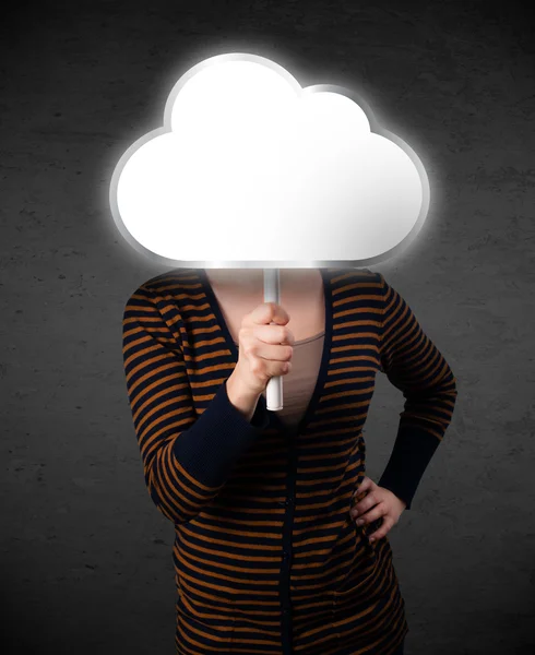 Young woman holding a cloud — Stock Photo, Image