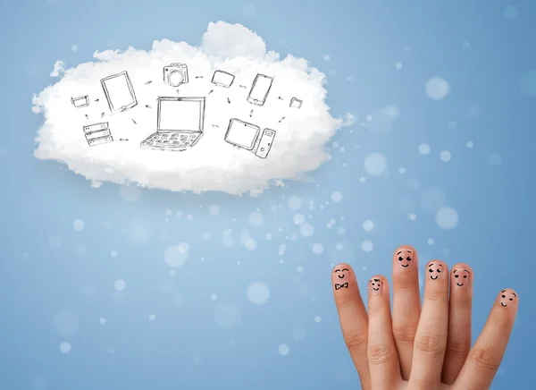 Happy smiley fingers looking at cloud computing with technology — Stock Photo, Image