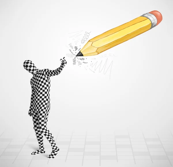 Guy in body mask with a big hand drawn pencil — Stock Photo, Image