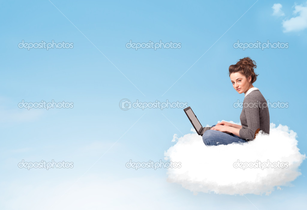 Young woman with laptop sitting on cloud with copy space