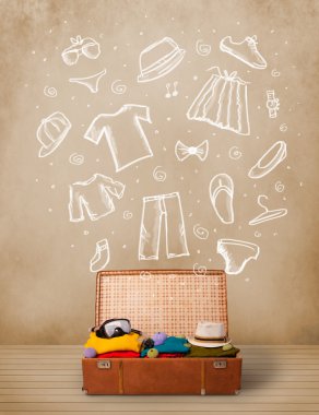 yolcunun Bagaj ile el çizilmiş kıyafetler ve simgeler