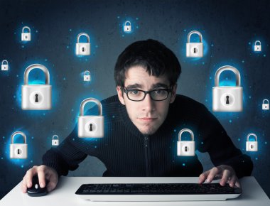 sanal kilit simgeleri ve simge ile genç hacker