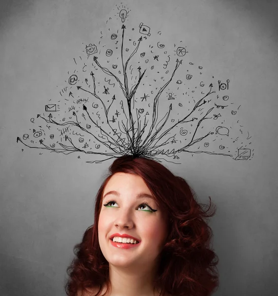 Young woman with tangled lines coming out of her head — Stock Photo, Image