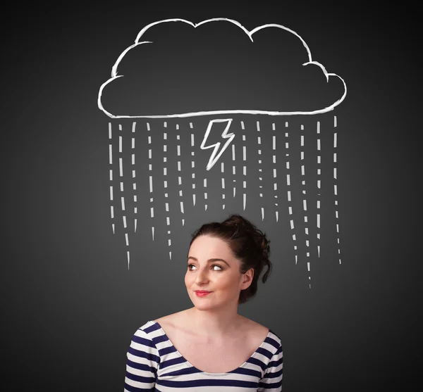 Young woman with thundercloud above her head — Stock Photo, Image