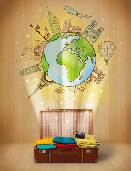 Bagages avec voyage autour du monde illustration concept — Photo