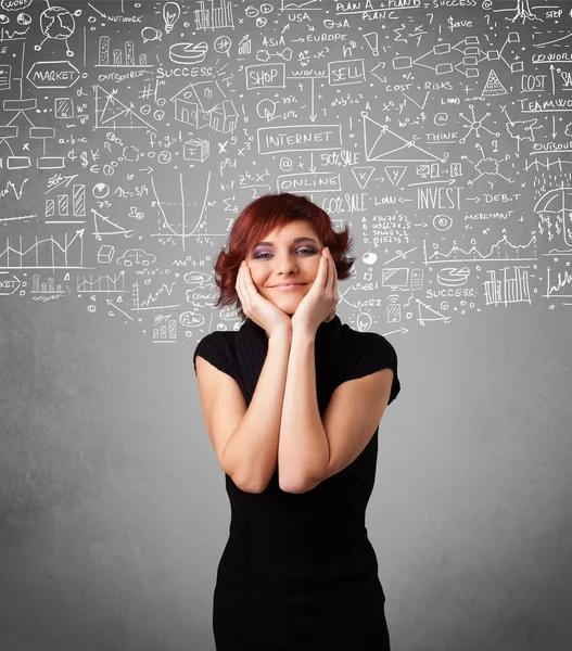 Young pretty lady with hand drawn calculations and icons — Stock Photo, Image