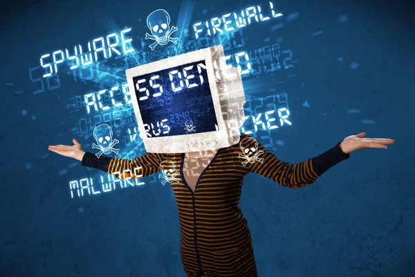 Monitor hoofd persoon met hacker type tekens op het scherm — Stockfoto