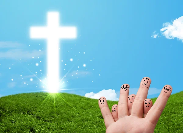 Happy finger smileys with christian religion cross — Stock Photo, Image