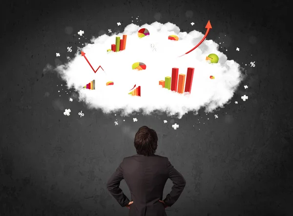 Empresário com gráficos em uma nuvem acima de sua cabeça — Fotografia de Stock