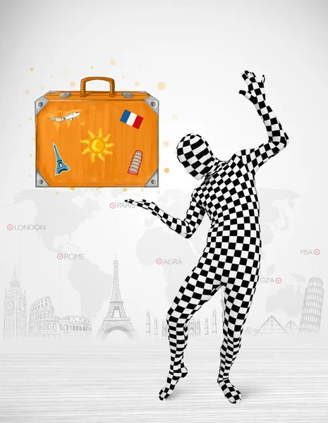 Man in full body suit presenting vacation suitcase — Stock Photo, Image