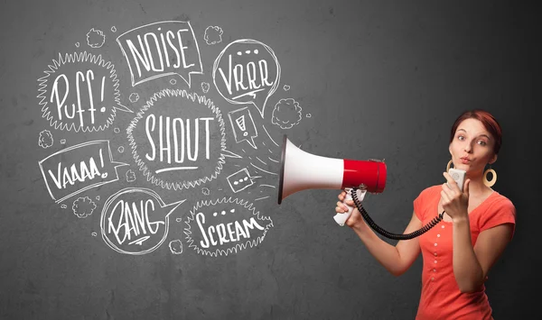 Girl yelling into megaphone and hand drawn speech bubbles come o — Stock Photo, Image