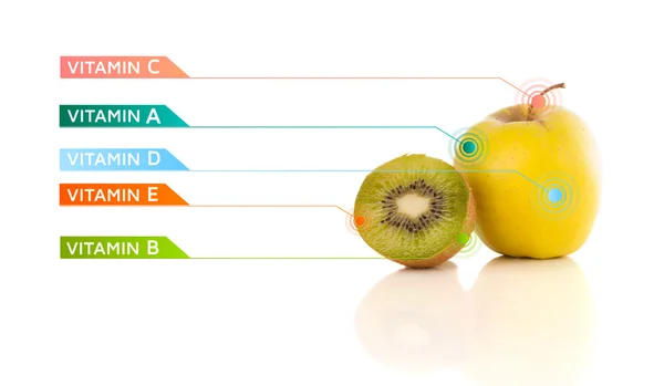 Friska frukter med färgglada vitaminsymboler och ikoner — Stockfoto