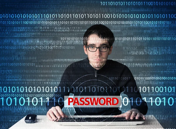 Young geek hacker stealing password — Stock Photo, Image