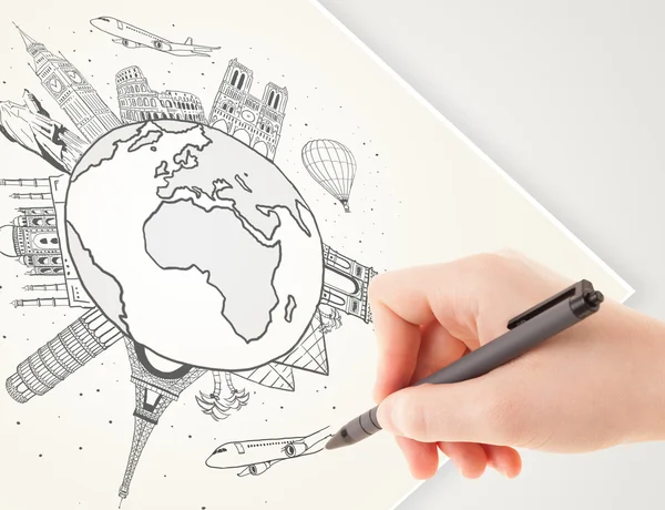 Hand tekening vakantiereis rond de aarde met monumenten en c — Stockfoto