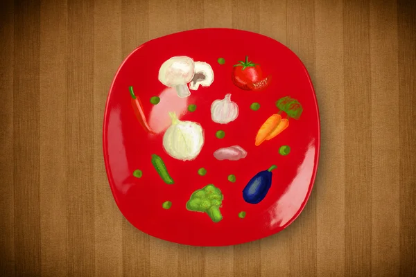 Colorful plate with hand drawn icons, symbols, vegetables and fr — Stock Photo, Image