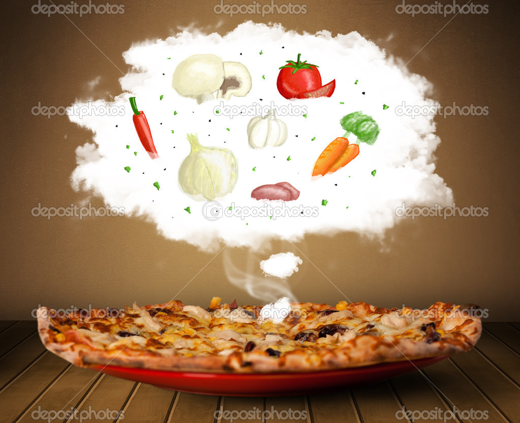 Pizza with vegetable ingredients illustration in cloud