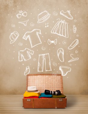 yolcunun Bagaj ile el çizilmiş kıyafetler ve simgeler