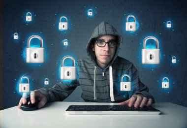 sanal kilit simgeleri ve simge ile genç hacker