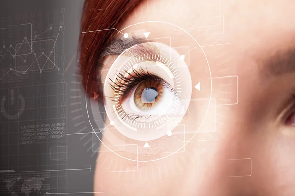 Cyber girl with technolgy eye looking — Stock Photo, Image