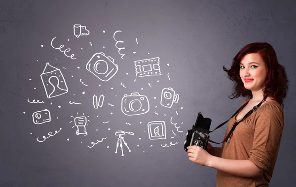 Photographer girl shooting photography icons — Stock Photo, Image