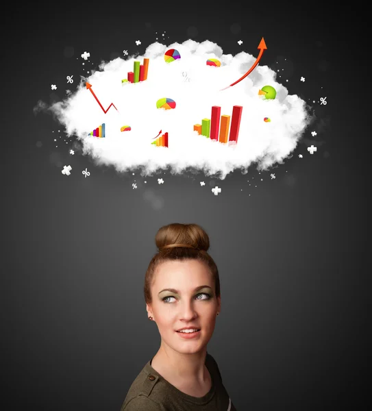 Young woman gesturing with cloud and charts concept — Stock Photo, Image