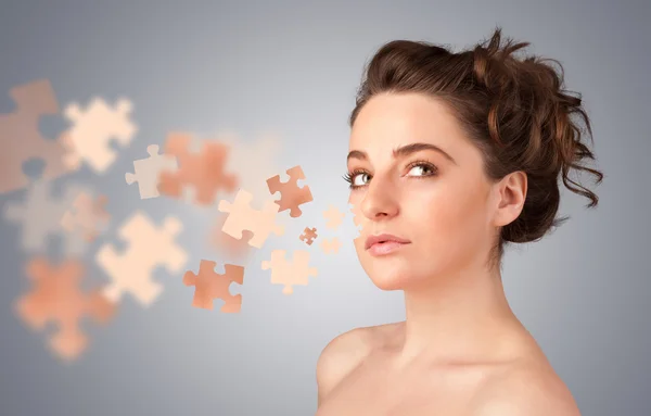 Pretty young girl with skin puzzle illustration — Stock Photo, Image