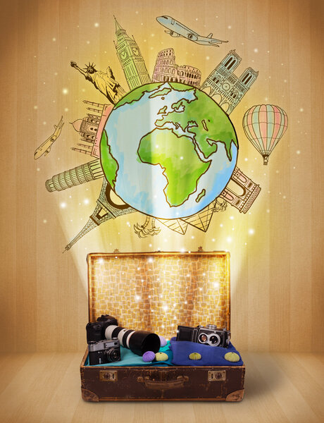 Luggage with travel around the world illustration concept