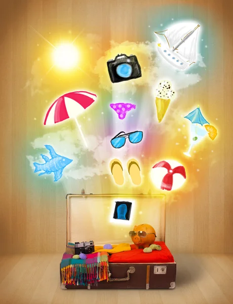 Turist väska med färgglada sommar ikoner och symboler — Stockfoto
