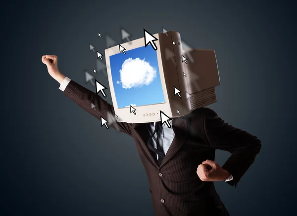 Uomo d'affari con un monitor in testa, sistema cloud e punta — Foto Stock