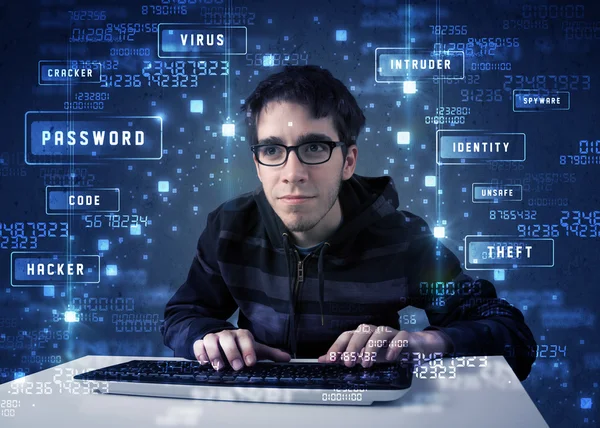 Hacker programmeren in technologie omgeving met cyber iconen — Stockfoto