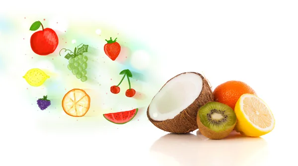 Kolorowe owoce z ręcznie rysowanymi ilustrowanymi owocami — Zdjęcie stockowe