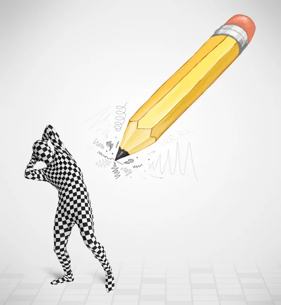 Guy in body mask with a big hand drawn pencil — Stock Photo, Image