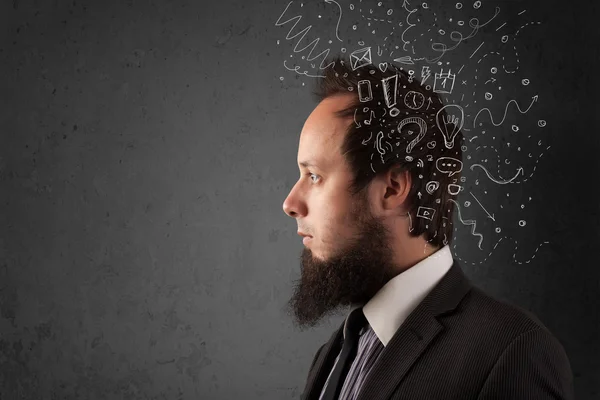Young man thinking with abstract lines and symbols — Stock Photo, Image