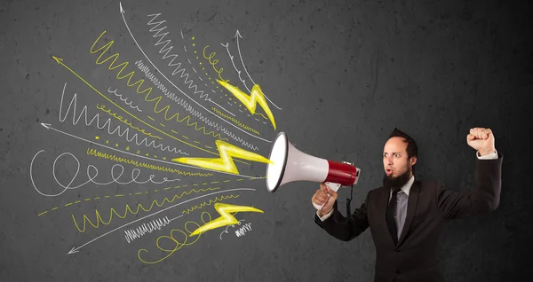 Leader guy shouting into megaphone with hand drawn lines and arr — Stock Photo, Image