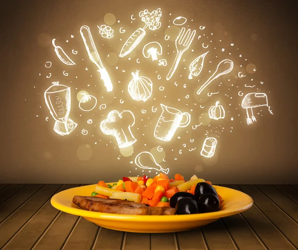 Plate of food with white hand drawn icons and symbols — Stock Photo, Image