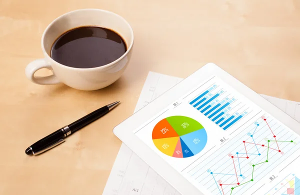 Tablet pc shows charts on screen with a cup of coffee on a desk — Stock Photo, Image