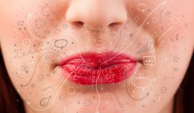 güzel kadın ağzı üfleme elle çizilmiş simgeler ve semboller