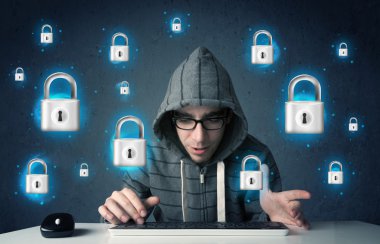 sanal kilit simgeleri ve simge ile genç hacker