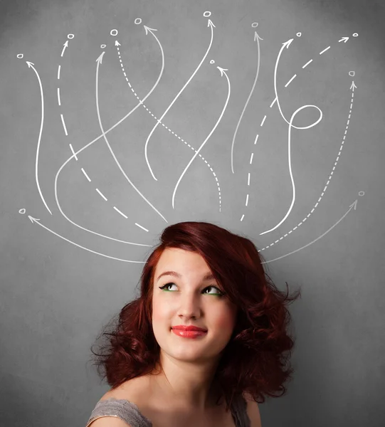 Young woman with arrows coming out of her head — Stock Photo, Image