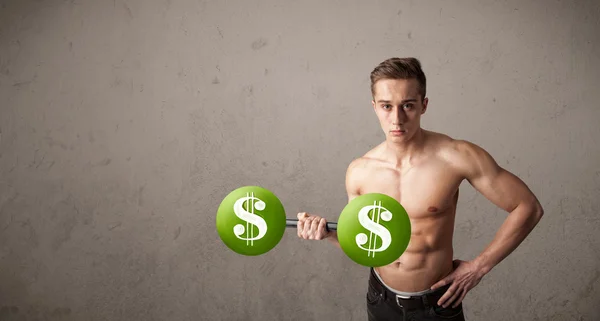Kaslı adam yeşil dolar işareti ağırlık kaldırma — Stok fotoğraf