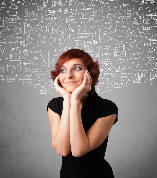 Young pretty lady with hand drawn calculations and icons — Stock Photo, Image