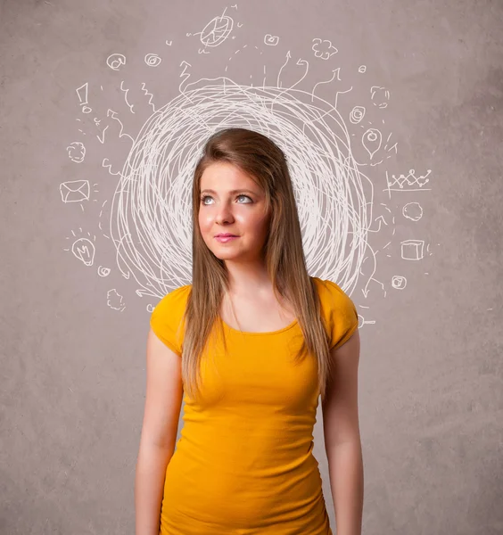 Chica joven bonita con líneas de garabatos circulares abstractas e iconos —  Fotos de Stock