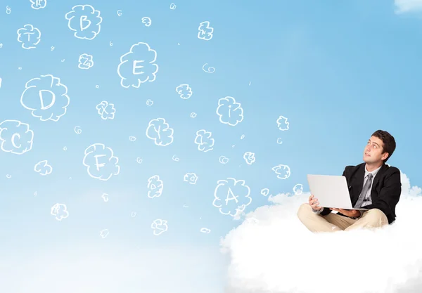 Businessman sitting in cloud with laptop — Stock Photo, Image