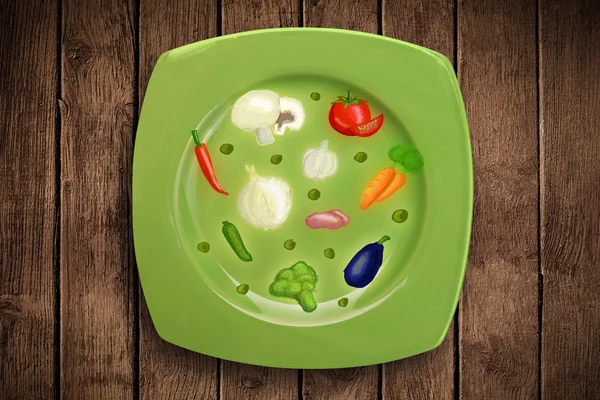 Colorful plate with hand drawn icons, symbols, vegetables and fr — Stock Photo, Image