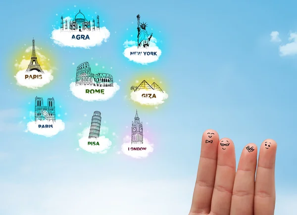 Cheerful finger smileys with sightseeing landmarks icons — Stock Photo, Image