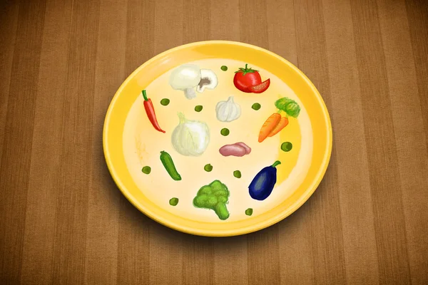 Colorful plate with hand drawn icons, symbols, vegetables and fr — Stock Photo, Image