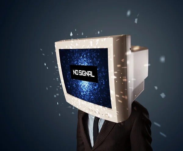 Man with a monitor head, no signal sign on the display — Stock Photo, Image