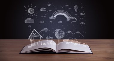 Elle çizilmiş peyzaj ile açık kitap