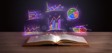 Parlak grafik çizimleriyle ahşap güvertede kitap